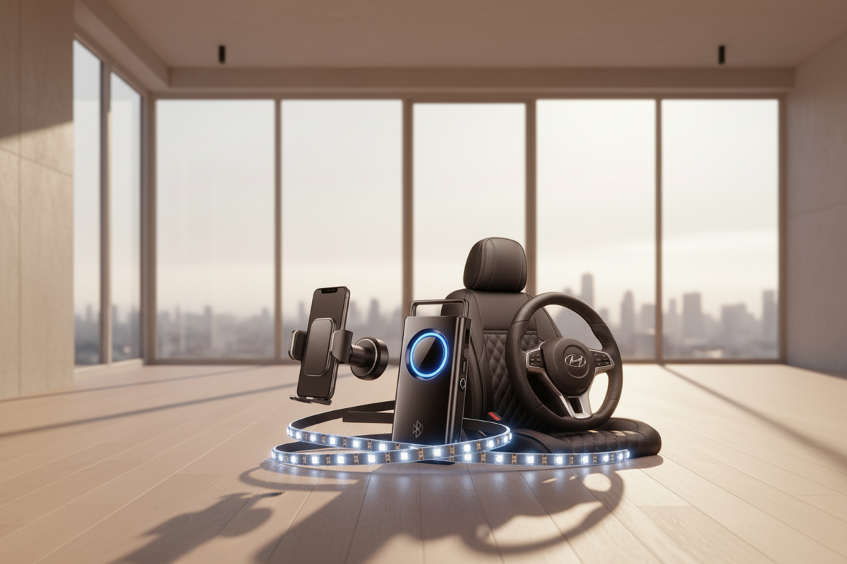 A promotional graphic for premium car accessories showing a black steering wheel, a smartphone mount, a phone holder, and a rolled strip of blue LED light bars arranged around a black seat backrest on a dark studio background. Large text reads 'DRIVE IN STYLE' and 'PREMIUM CAR ACCESSORIES.